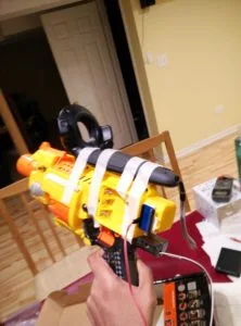 Close-up of the tracked Nerf Barricade controller build, side view