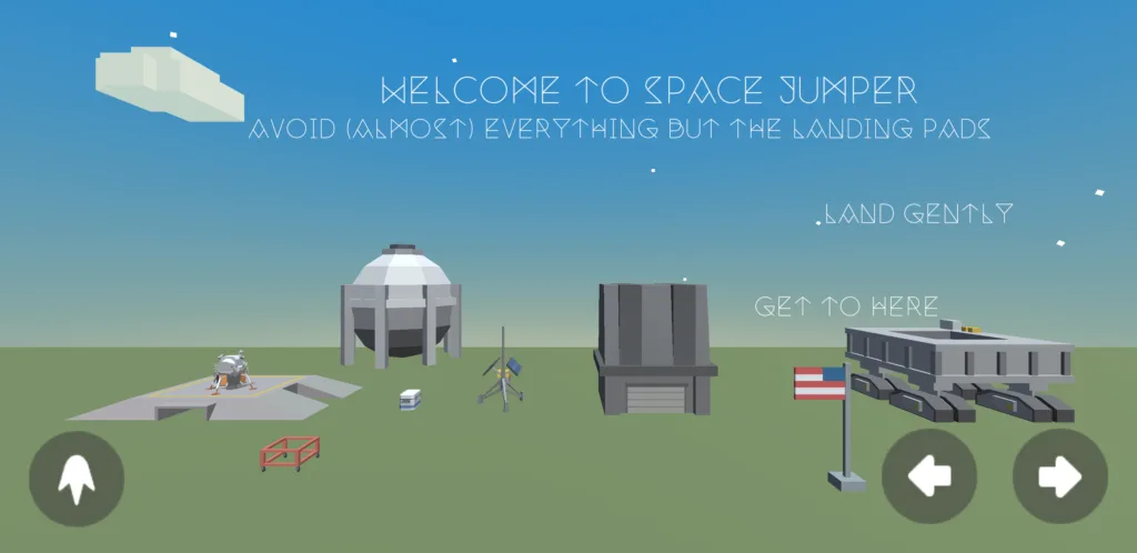 Space Jumper gameplay screenshot showing the Lunar Lander-style ship maneuvering over terrain